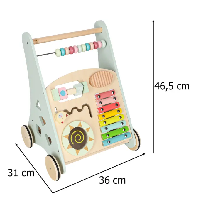 Niebieski drewniany pchacz wspierający pierwsze kroki dziecka
