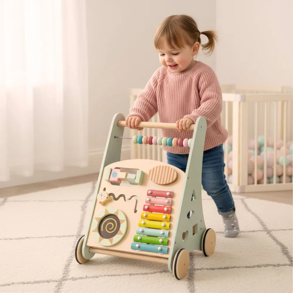 Pchacz z klockami i liczydłem, zabawka rozwojowa dla dzieci
