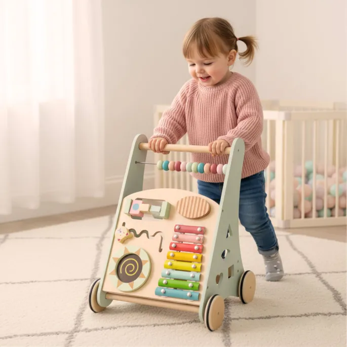 Pchacz z klockami i liczydłem, zabawka rozwojowa dla dzieci