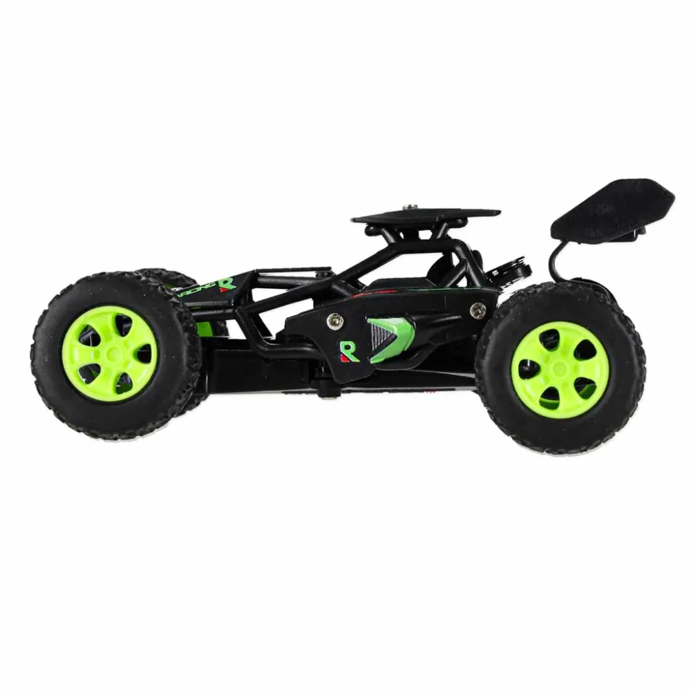 Widok samochodu zdalnie sterowanego z boku, czarne nadwozie z zielonymi elementami