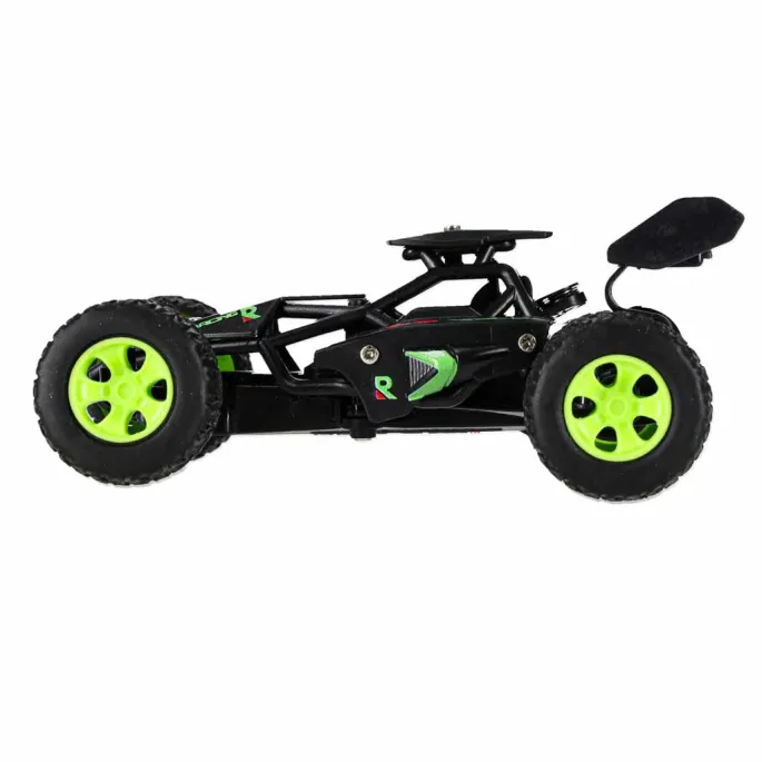 Widok samochodu zdalnie sterowanego z boku, czarne nadwozie z zielonymi elementami