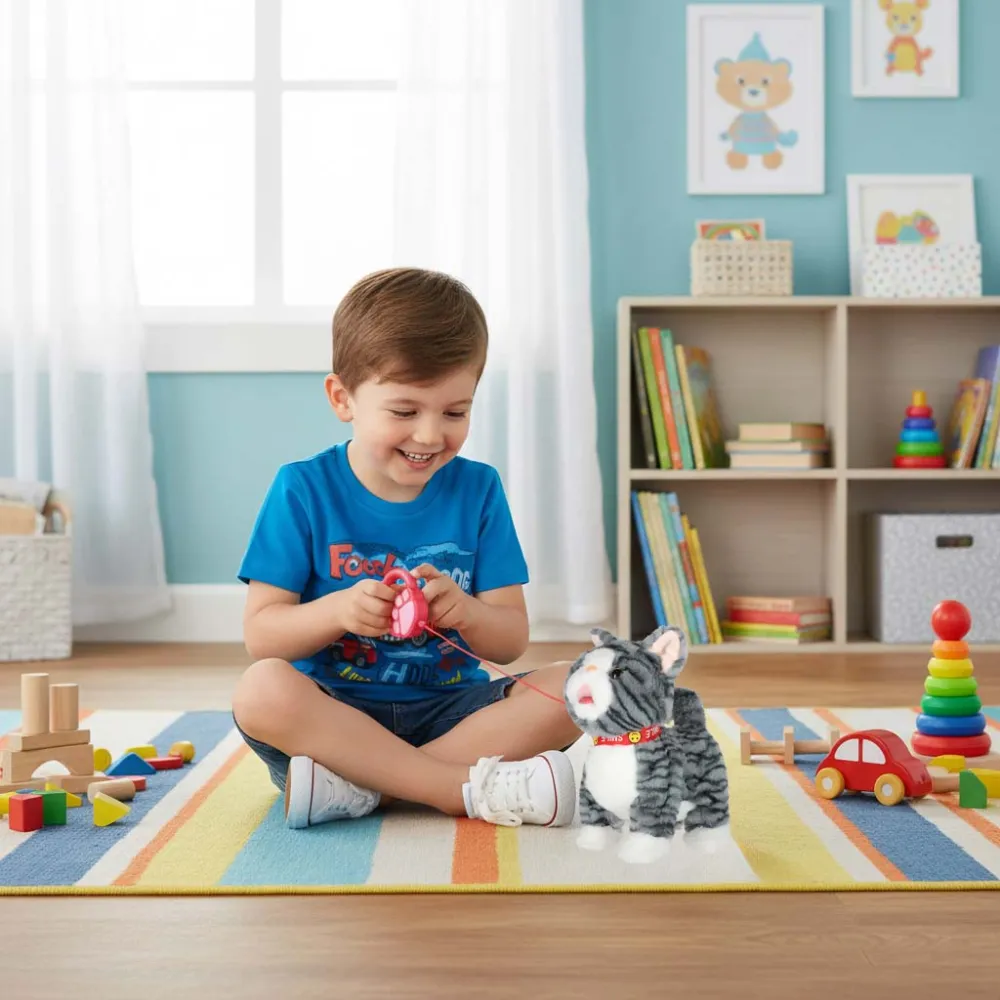 Dziecko bawi się szarym kotkiem na smyczy wspierając rozwój motoryki