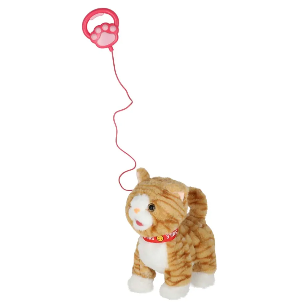 Zbliżenie na beżowego pluszowego kotka reagującego na dotyk