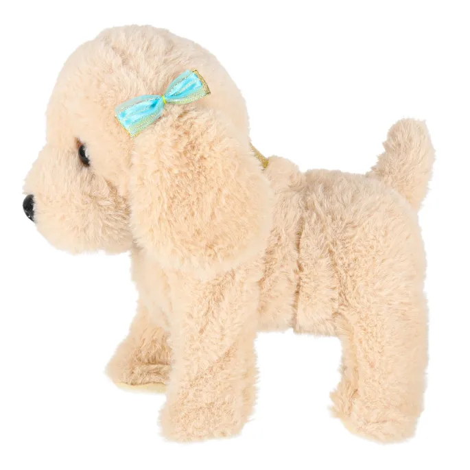 Interaktywny piesek z niebiesko-złotymi dodatkami i różową smyczą