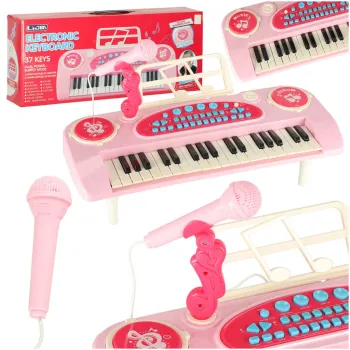Keyboard interaktywny dla dzieci z 37 klawiszami i mikrofonem statywem różowy