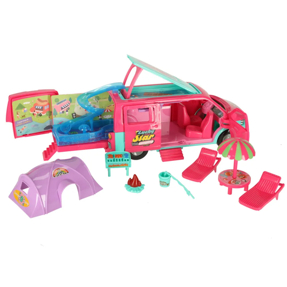 Kempingowy kamper dla dzieci z parasolem, grill i ogniskiem