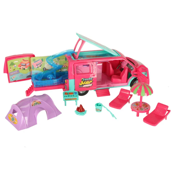 Kempingowy kamper dla dzieci z parasolem, grill i ogniskiem