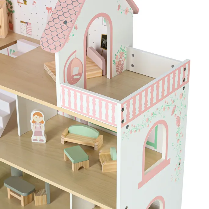 Domek dla lalek 70 cm różowy LULILO Peonio z kompletem mebelków i figurkami