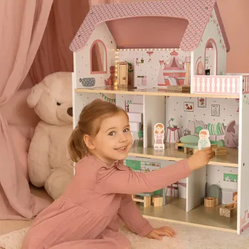 Wytrzymały domek dla lalek z LED, pastelowa kolorystyka, idealny na prezent