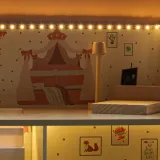 Drewniany domek z LED, różowy design z zielenią i imitacją drewna dla dzieci