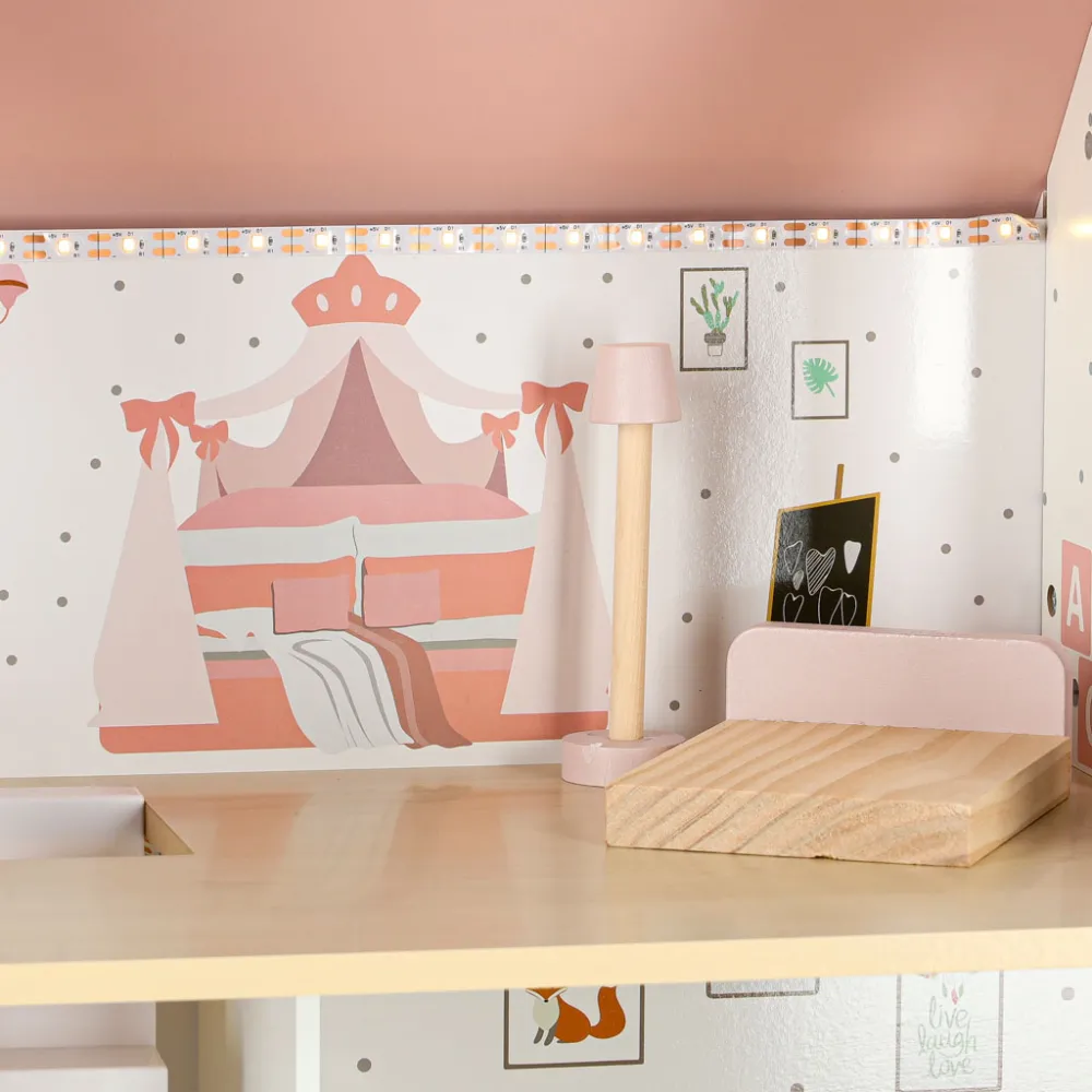 Różowy domek z kompletem mebli i figurkami, wspierający wyobraźnię dziecka