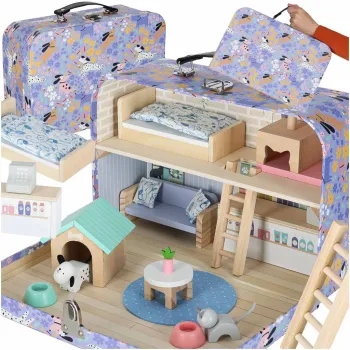 Drewniany domek hotel spa dla zwierząt w walizce z mebelkami