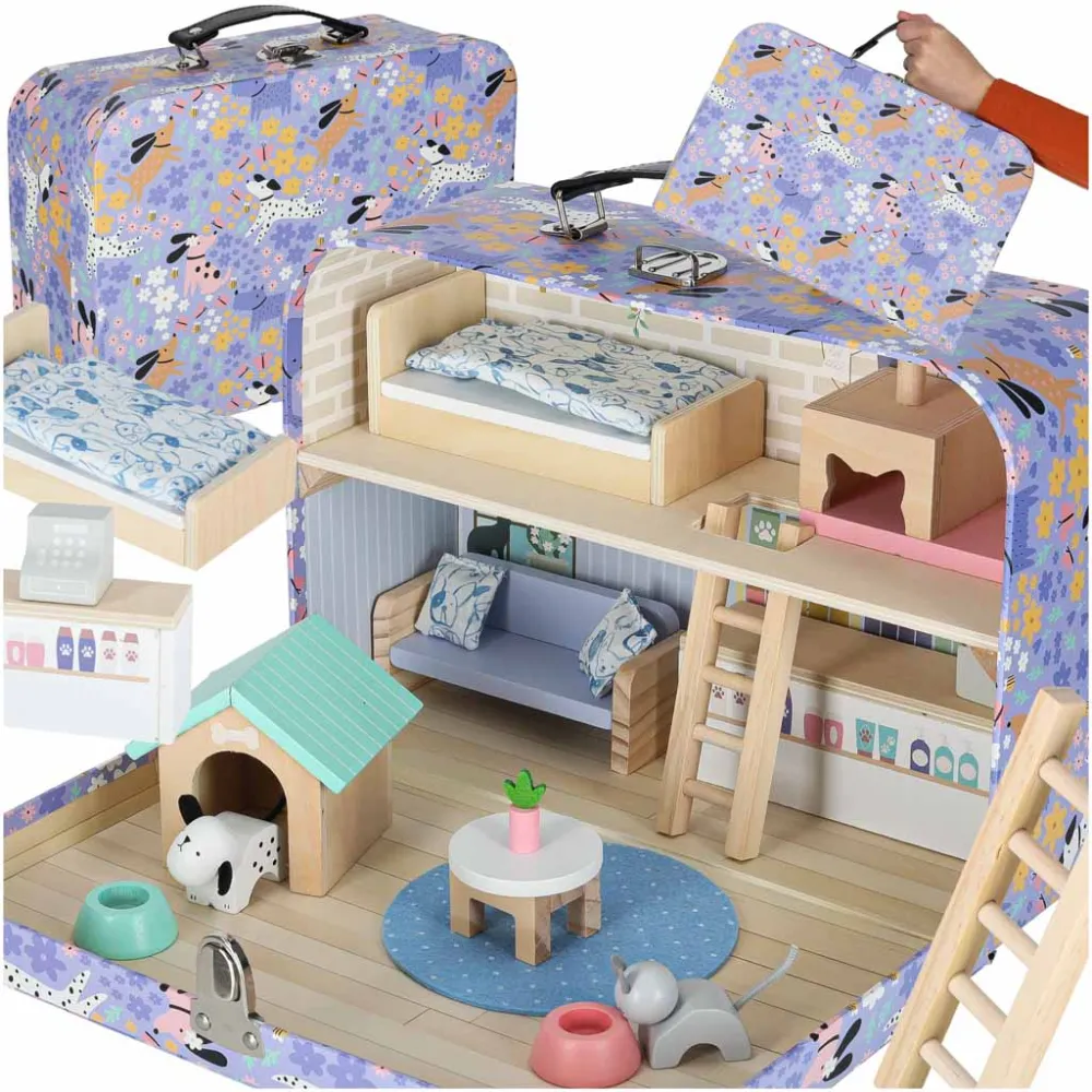 Drewniany domek hotel spa dla zwierząt w walizce z mebelkami