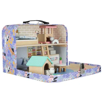 Kolorowy domek w walizce z mebelkami i figurkami kot i pies