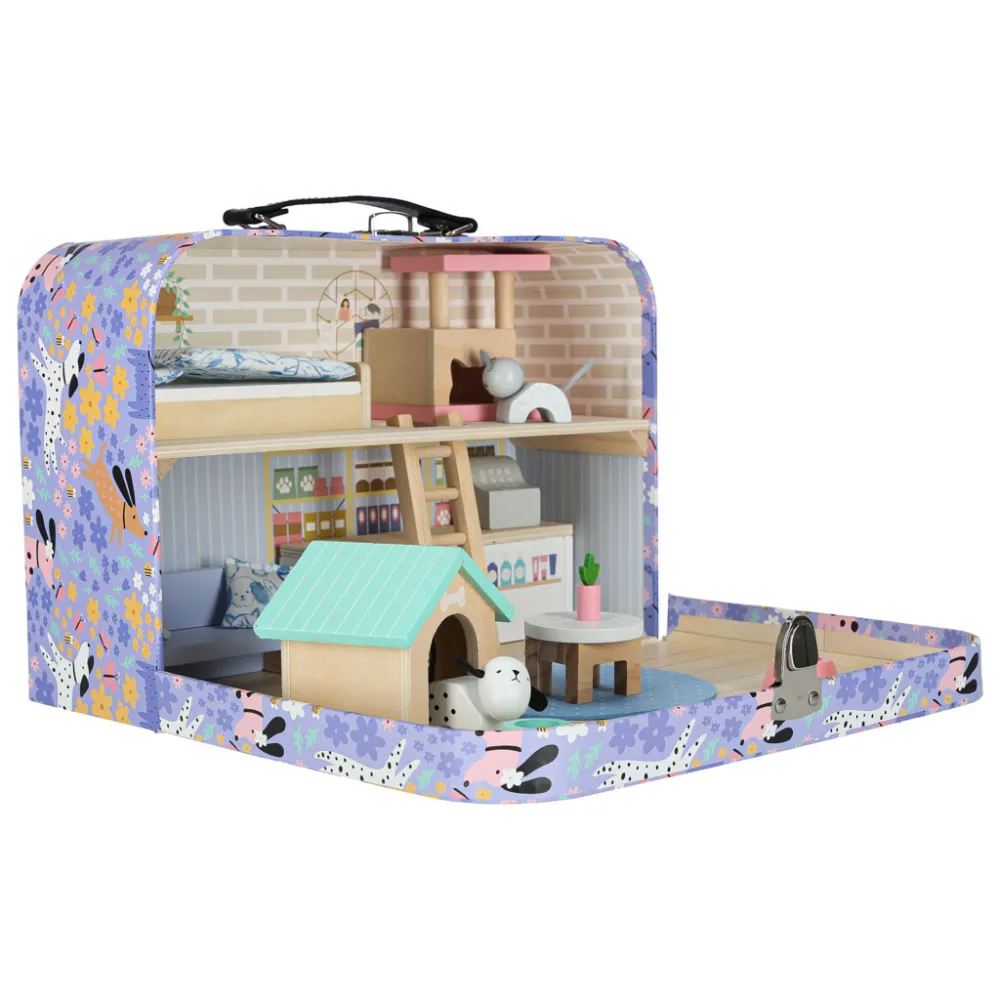 Kolorowy domek w walizce z mebelkami i figurkami kot i pies