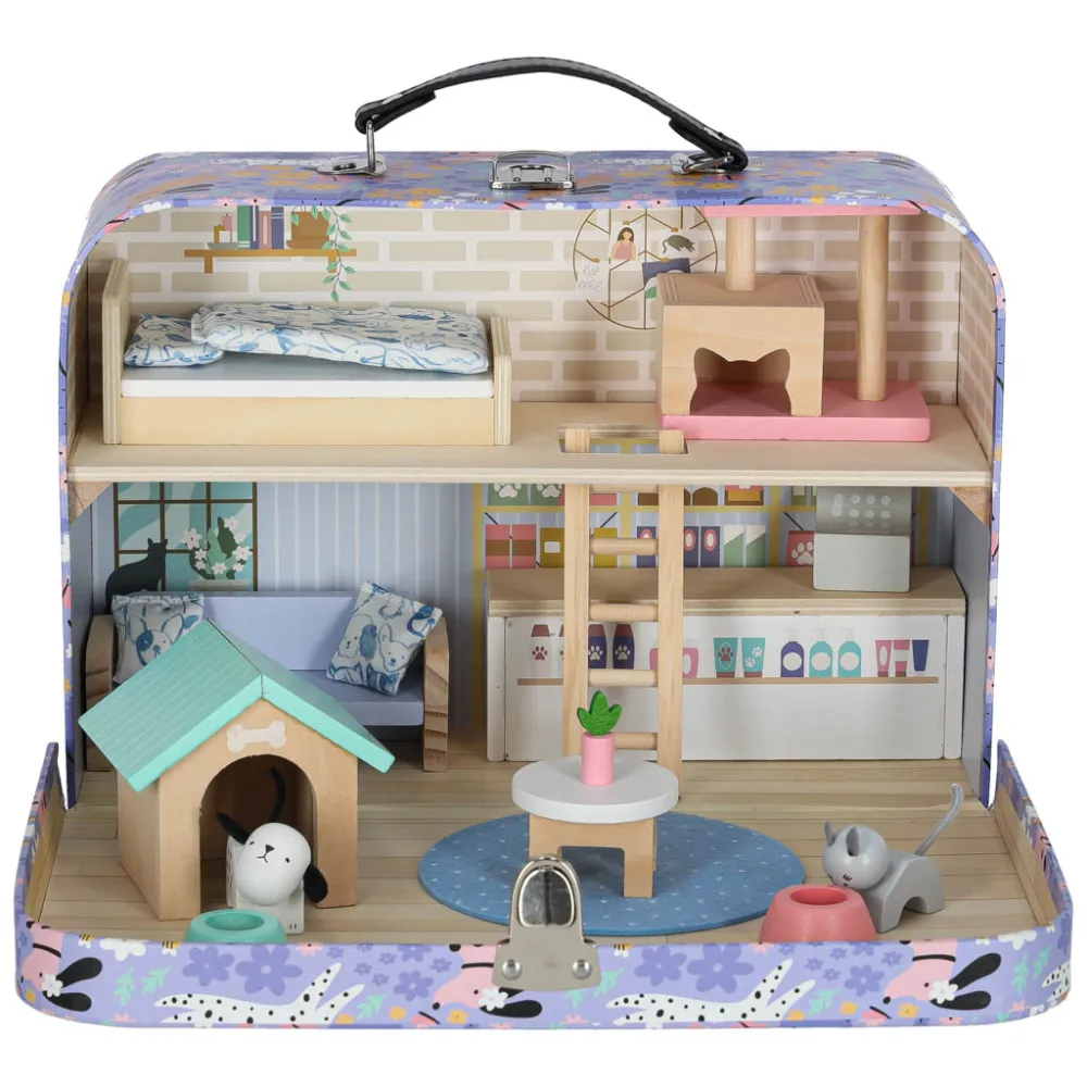 Przenośny hotel spa dla zwierząt w fioletowej walizce