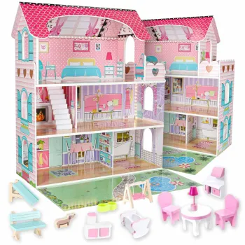 Drewniany domek dla lalek Lulilo Gardeno z mebelkami i różowym ogrodem