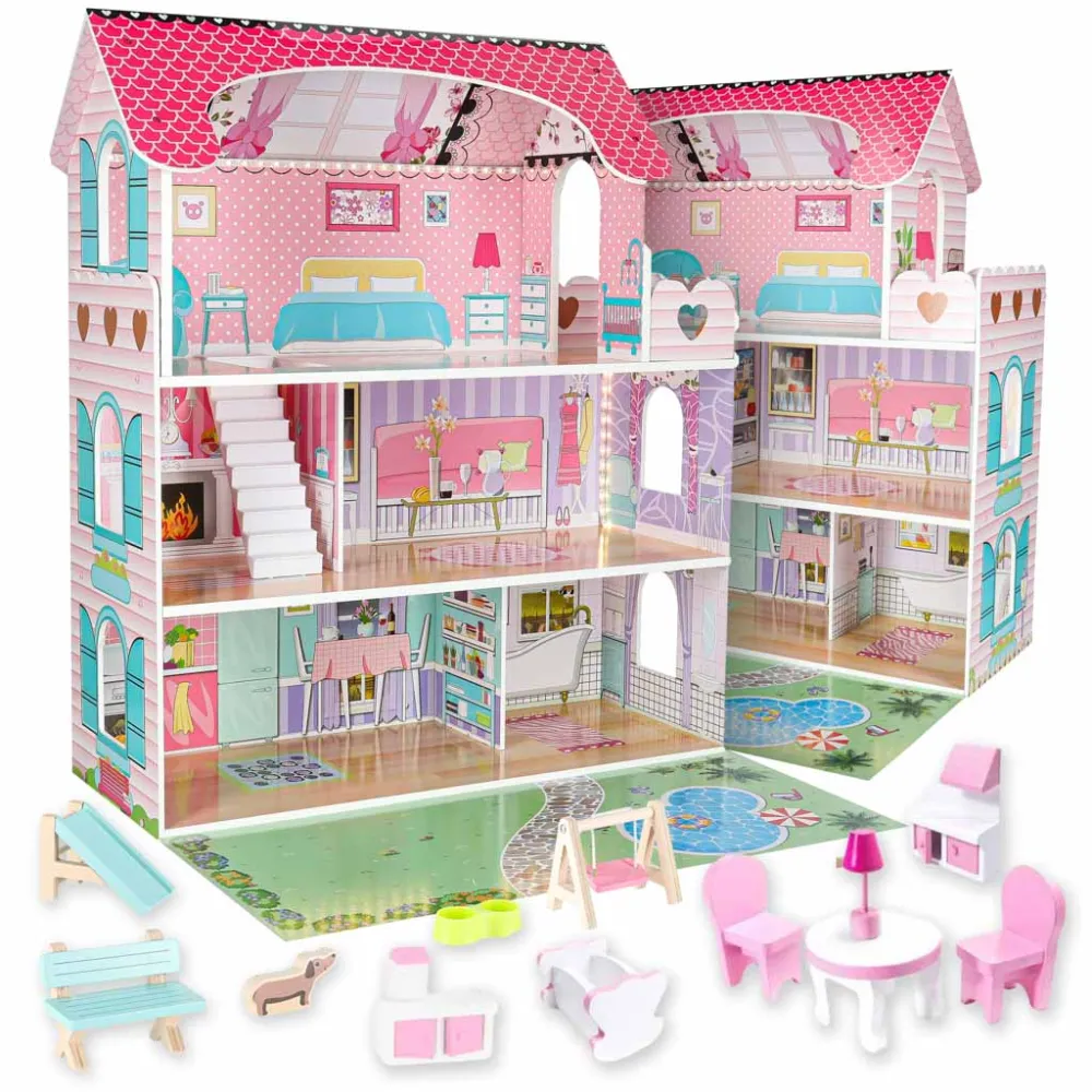 Drewniany domek dla lalek Lulilo Gardeno z mebelkami i różowym ogrodem