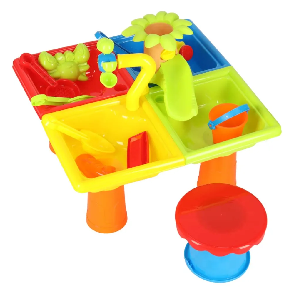 Stolik do ogrodu z kompletem foremek, wiaderkiem i stołkiem