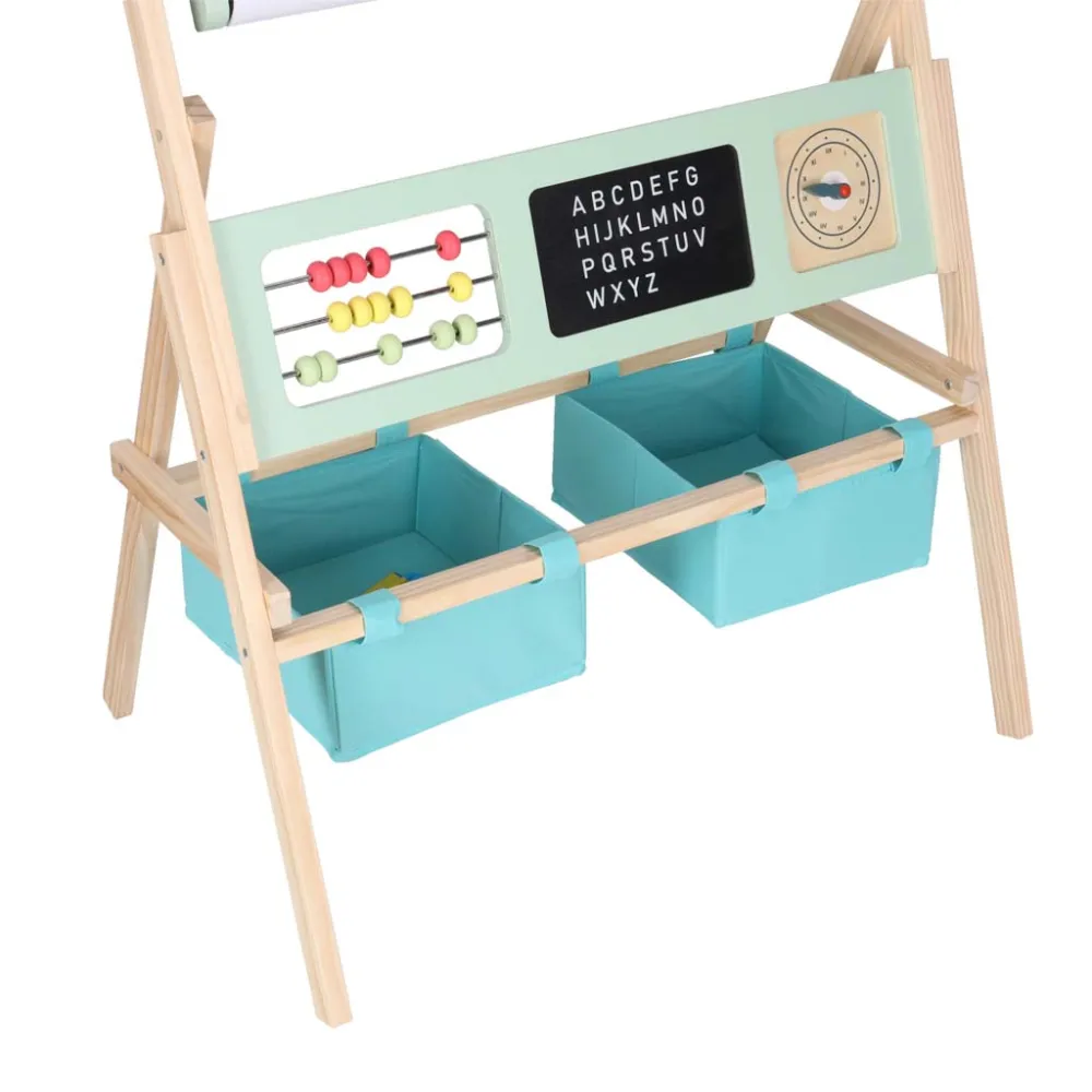 Edukacyjna tablica dla dzieci z literkami, cyferkami oraz koszykami na akcesoria