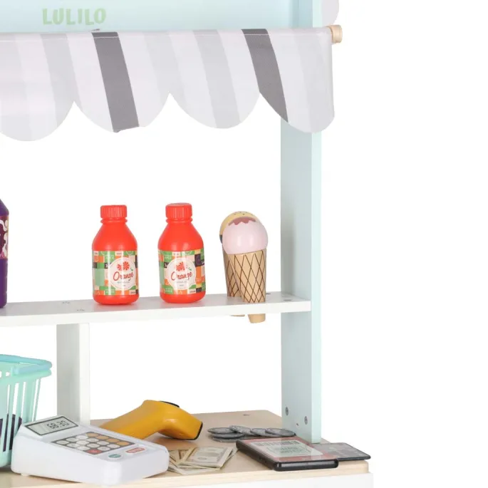 Drewniany stragan edukacyjny LULILO Melo z materiałowym daszkiem