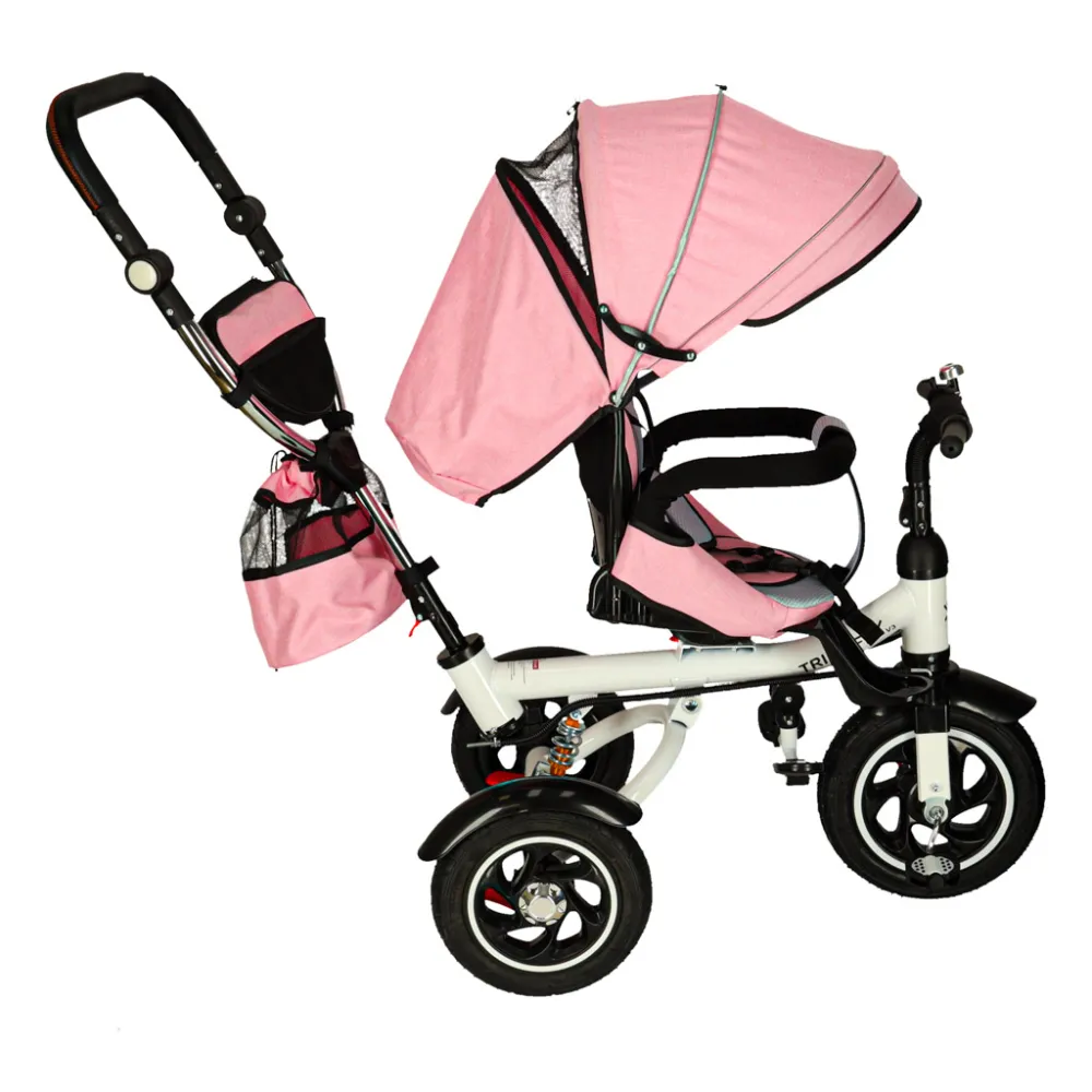 Trójkołowy rowerek dziecięcy różowy z regulowanym daszkiem i pasami bezpieczeństwa