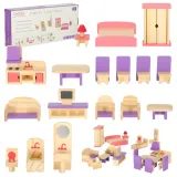 Drewniane mebelki do domku dla lalek w odcieniach fioletu i różu