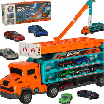 Pomarańczowy transporter z lawetą i torem dla samochodzików dla dzieci