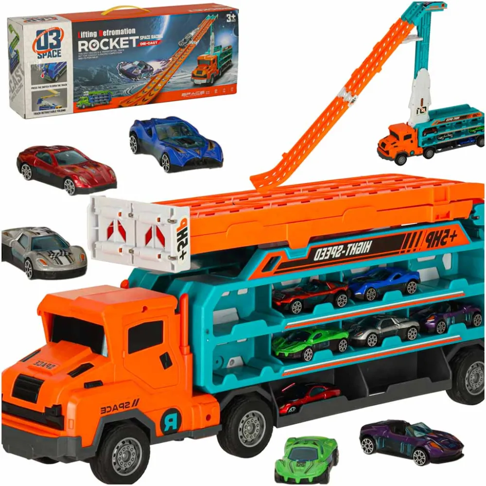 Pomarańczowy transporter z lawetą i torem dla samochodzików dla dzieci