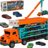 Pomarańczowy transporter z lawetą i torem dla samochodzików dla dzieci