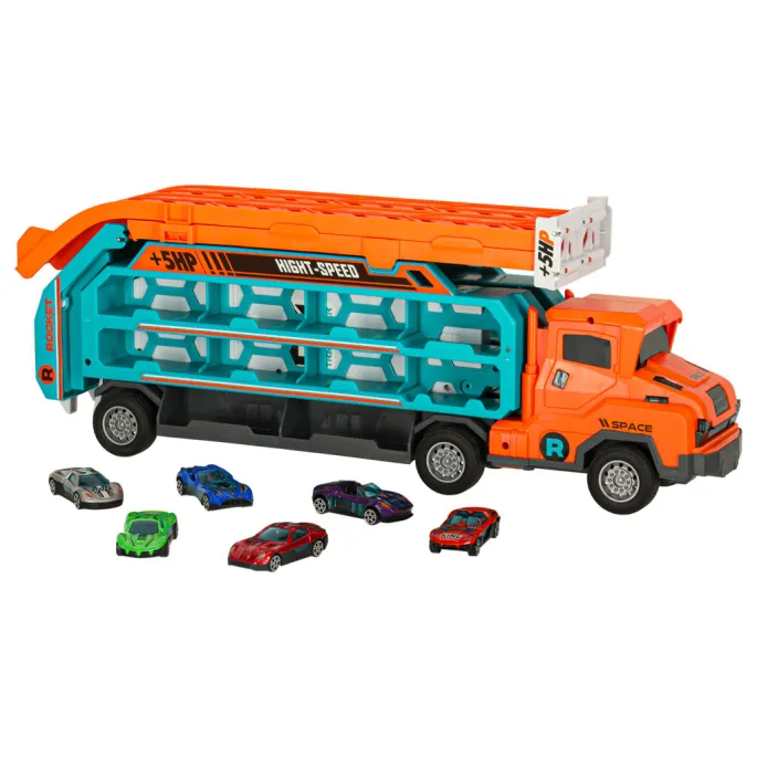 Plastikowa laweta i tor zjeżdżalnia z sześcioma pojazdami