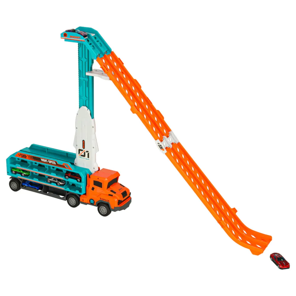 Pomarańczowo-niebieska laweta z funkcją toru wyścigowego