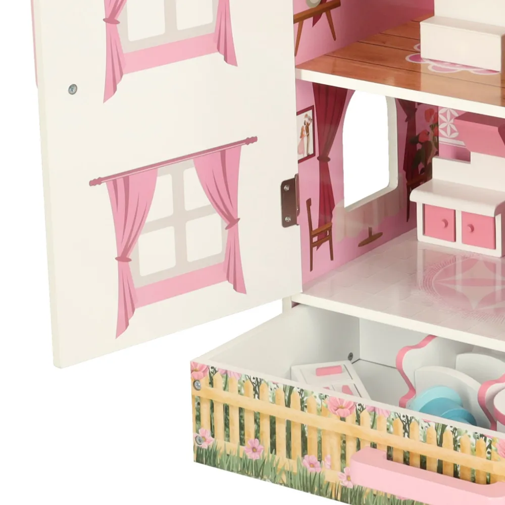 Przestronny drewniany domek dla lalek w kolorze biało-różowym z szufladą