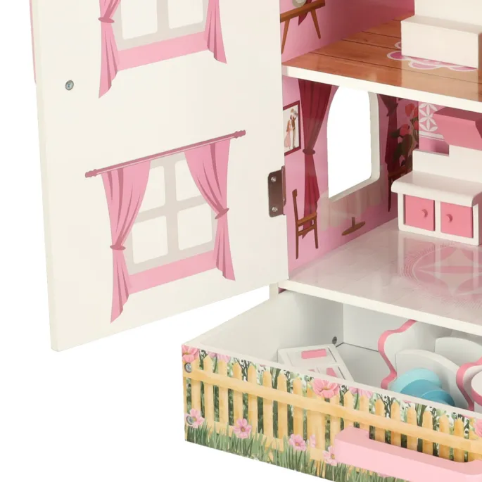 Przestronny drewniany domek dla lalek w kolorze biało-różowym z szufladą