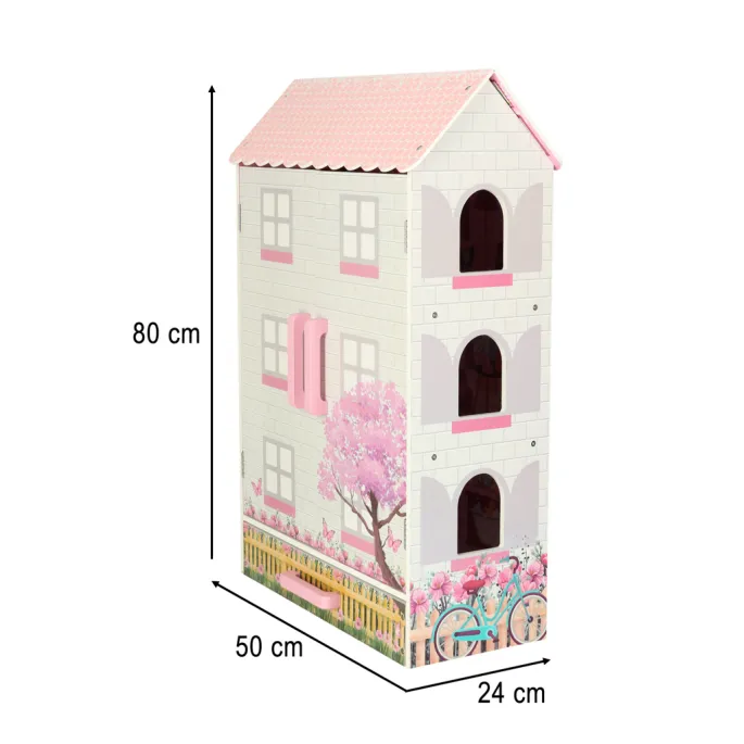 Trzypiętrowy domek dla lalek, pastelowe mebelki, duża szuflada na zabawki