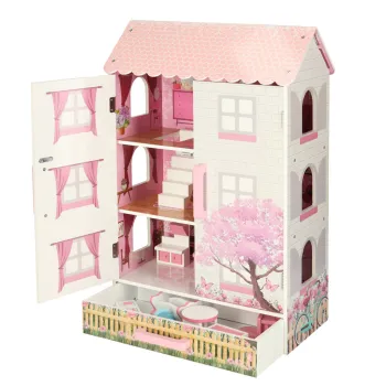 Duży domek dla lalek z MDF, różowe wykończenie, inspiracja do kreatywnej zabawy
