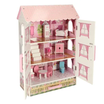 Solidny domek dla lalek w stylu klasycznym z kolorowymi elementami dekoracyjnymi