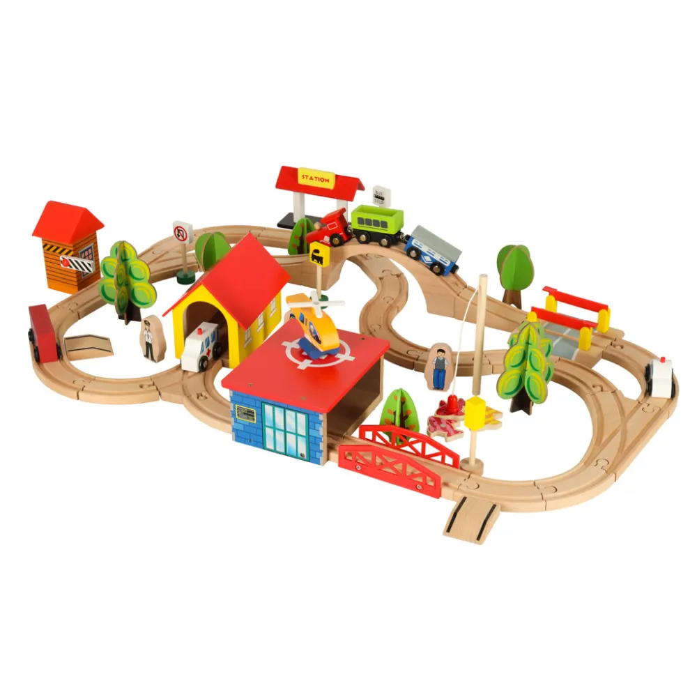 Elementy zestawu: dworzec, most, tor i lądowisko helikoptera