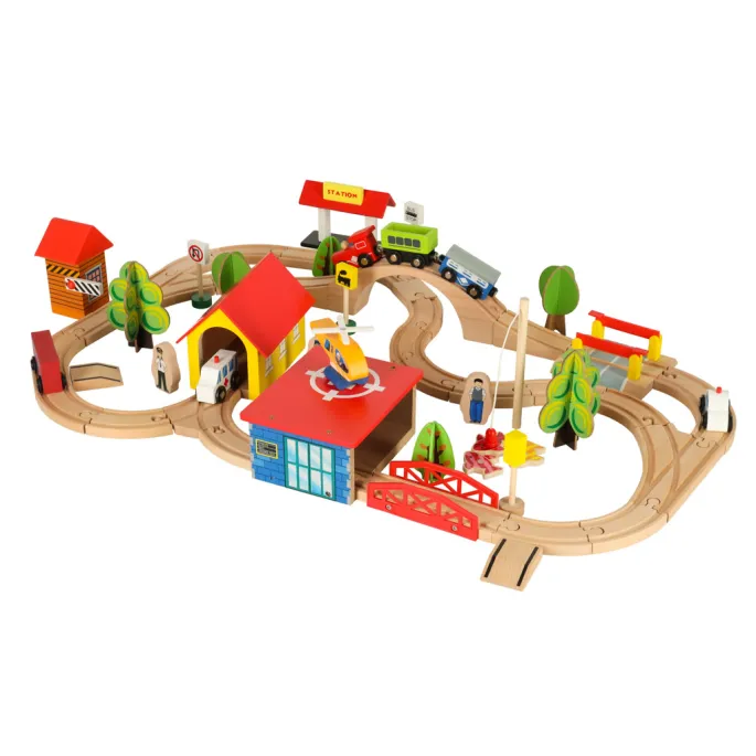 Elementy zestawu: dworzec, most, tor i lądowisko helikoptera