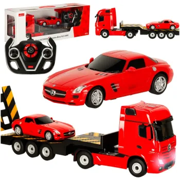 Zdalnie sterowany Mercedes-Benz Actros i SLS AMG w skali 1:26 na czerwonym tle