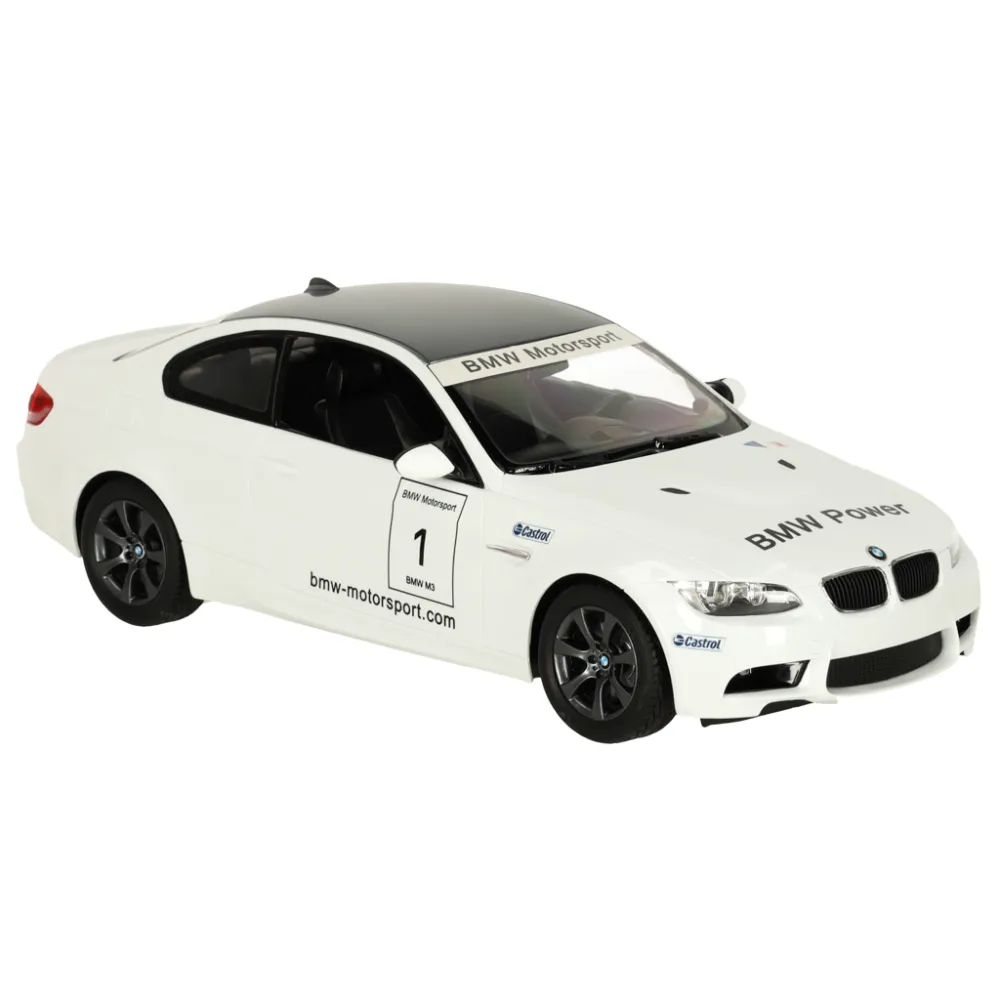 Detal karoserii białego modelu RC BMW M3 z widocznym logo