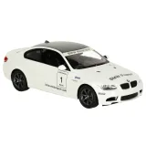 Detal karoserii białego modelu RC BMW M3 z widocznym logo