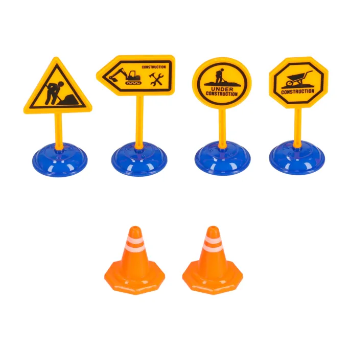 Nowoczesny tor z autkami, znakami i naklejkami budowlanymi