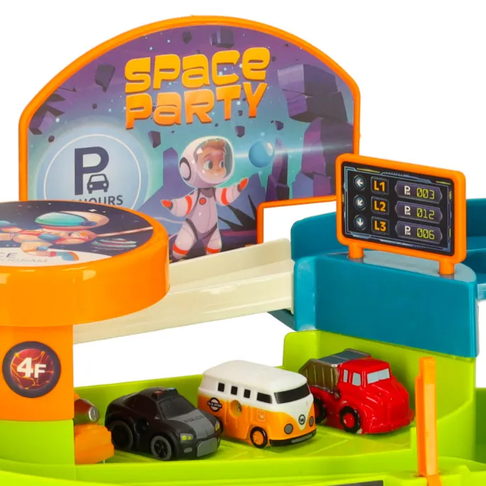 Kosmiczny parking z różnymi scenariuszami zabawy samochodzikami