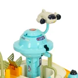 Detal futurystycznego motywu toru samochodowego z naklejkami