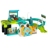 Zestaw wyścigowy z windą i kolorowymi samochodzikami