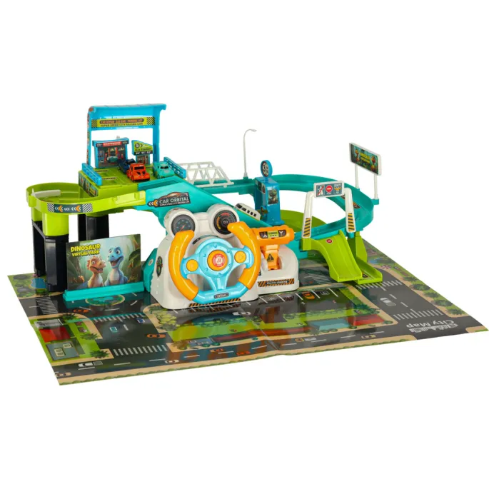 Wyścigowy tor zabawkowy w zestawie z autkami i naklejkami