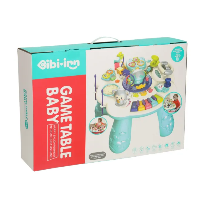 Zestaw stolik, klocki sorter, pałeczki i kartonowe opakowanie dla dzieci