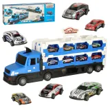 Niebieska laweta transporter XXL z dziesięcioma autami na tle białym