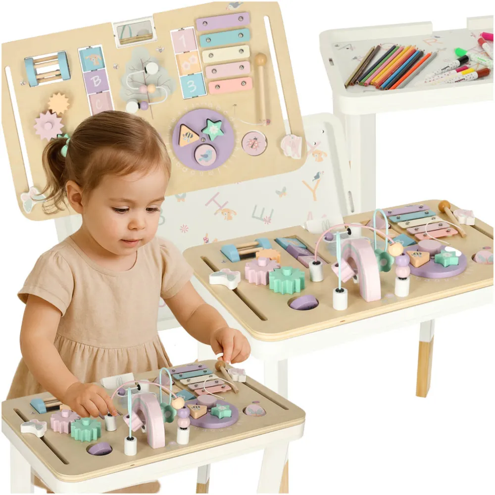 Drewniana tablica manipulacyjna LULILO LUDO 2w1 w kolorze różowym